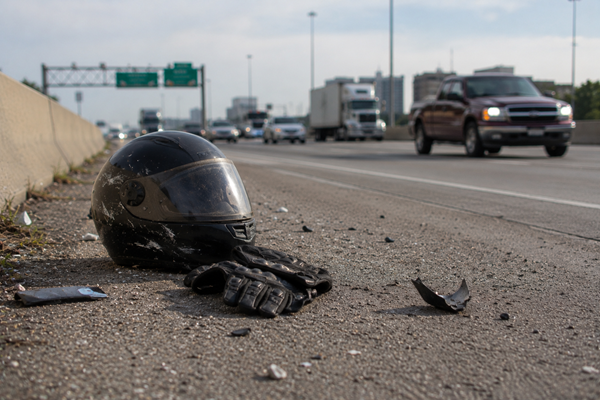 A damaged motorcycle helmet and riding gloves lie on the shoulder of a Texas freeway alongside scattered debris after a crash, with highway traffic and green overhead signs visible in the background, depicting the deadly consequences of motorcycle accidents on Texas roads.
