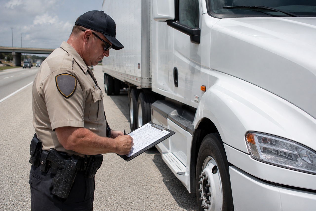 A side profile of a state trooper or commercial vehicle enforcement officer wearing a tan uniform, sunglasses, and a black baseball cap, standing next to the cab of a white semi-truck on the side of a highway while filling out an inspection checklist on a clipboard.