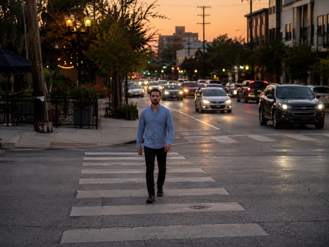 A man in a light blue button-down shirt and black pants walks across a marked Houston, TX, crosswalk at dusk, with oncoming line of vehicles displaying active headlights in the background against a warm, orange sunset sky.