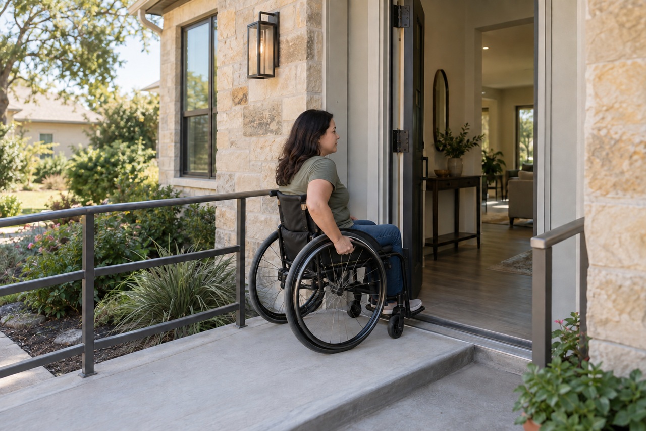 A woman using a wheelchair to enter her home through a widened doorway and ramp in Texas, illustrating the future accessibility costs tied to a spinal cord injury claim.