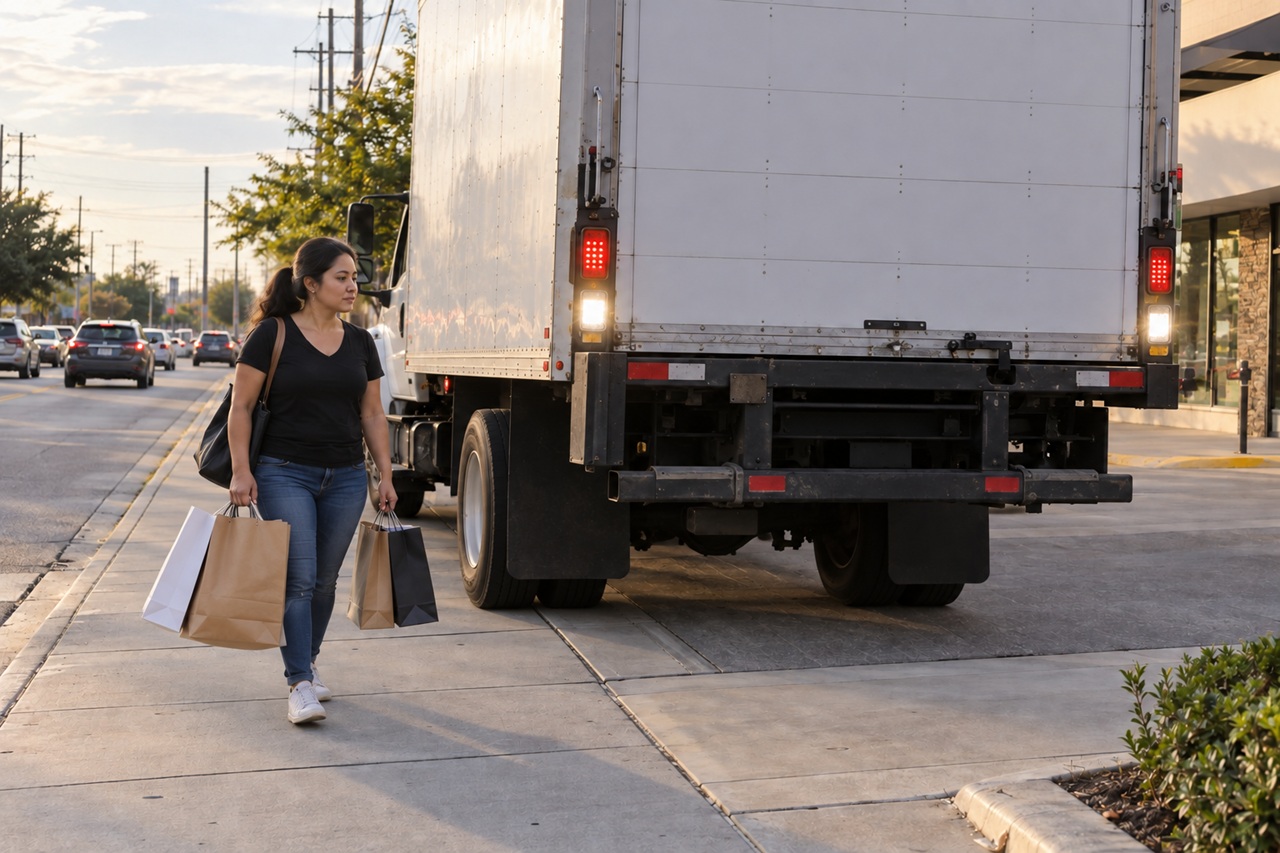 A pedestrian carrying shopping bags walks along a Texas sidewalk as a box truck with its reverse lights on backs across her path, showing the blind spot dangers that can lead to truck backing accidents involving pedestrians and cyclists.